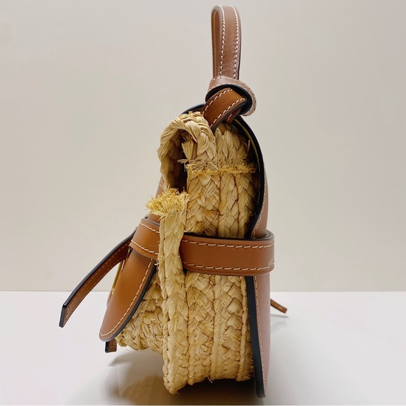 Loewe Gate Cognac Tan Leather Brown Woven Raffia Top Handle Bag Spain - Picture 4 of 9